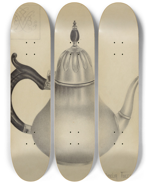 Triptych art skateboard deck of Amelia Tuccio Silver Teapot_1 by Amelia Tuccio (20-)