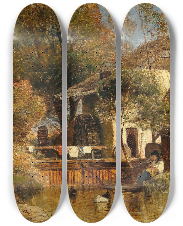 Triptych art skateboard deck of Gza Mszly Resting By A Mill by Geza Meszoly (1844-1887)
