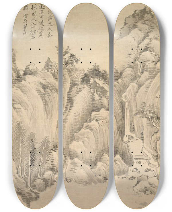 Triptych art skateboard deck of Tsubaki Chinzan Waterfall And Rocks by Tsubaki Chinzan (1801-1854)