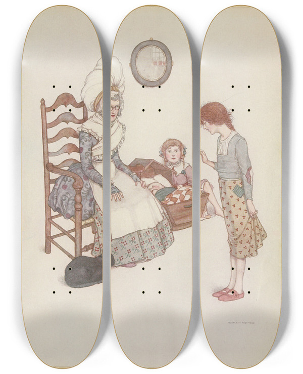 Triptych art skateboard deck of William Heath Robinson Then Began The Nightingale To Sing by William Heath Robinson (1872-1944)