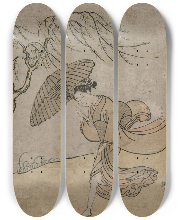 Triptych art skateboard deck of Suzuki Harunobu Woman Running Past A Willow Tree In A Breeze by Suzuki Harunobu (1724-1770)