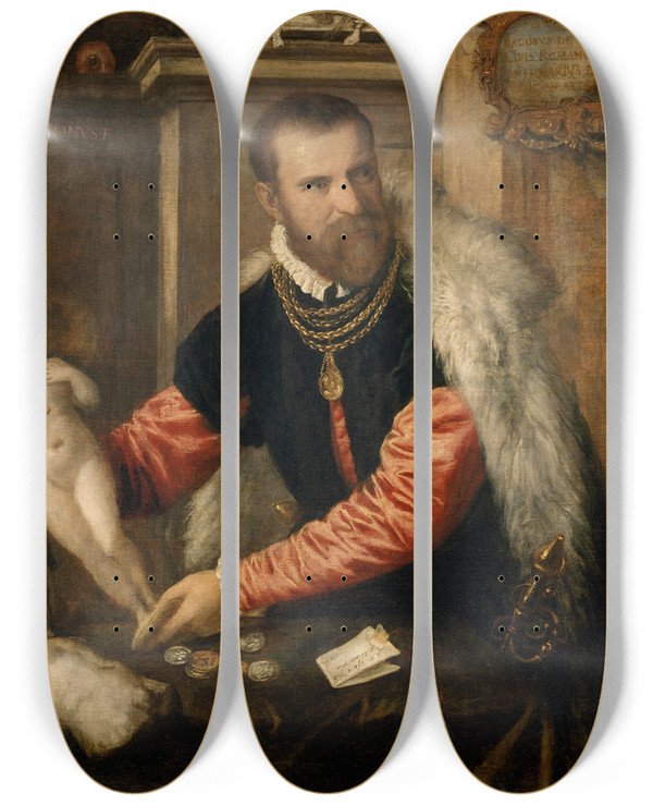 Triptych art skateboard deck of Titian Jacopo Strada by Titian (1488-1576)