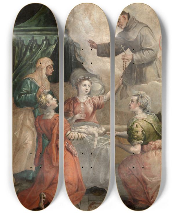 Triptych art skateboard deck of Maerten De Vos Saint Didacus Helps With A Difficult Birth by Maerten De Vos (1532-1603)