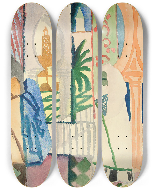 Triptych art skateboard deck of August Macke In Der Tempelhalle by August Macke (1887-1914)