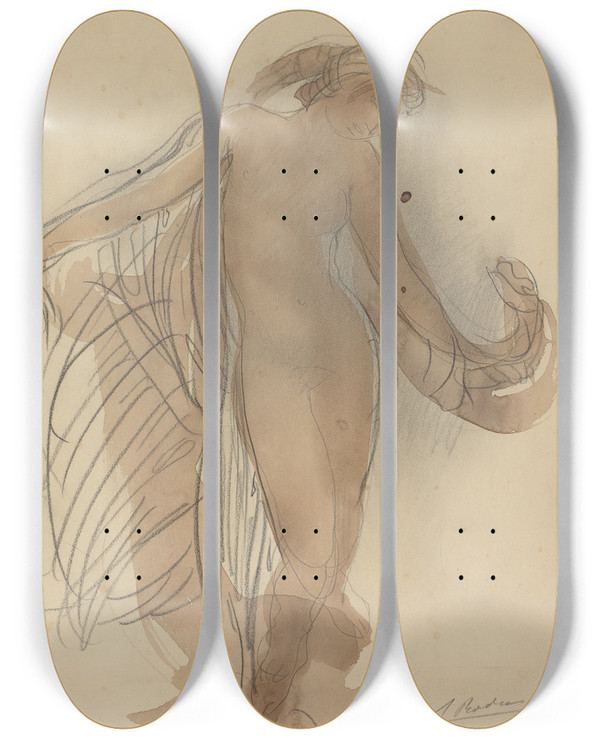 Triptych art skateboard deck of Auguste Rodin Figure Facing Forward by Auguste Rodin (1840-1917)