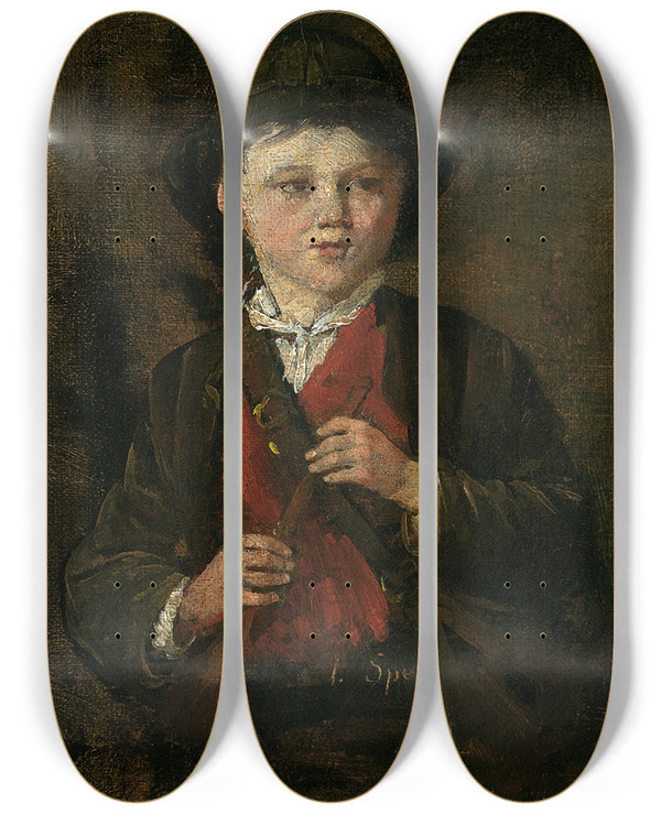 Triptych art skateboard deck of Johann Sperl Bayerischer Bauernbub Mit Flte by Johann Sperl (1840-1914)