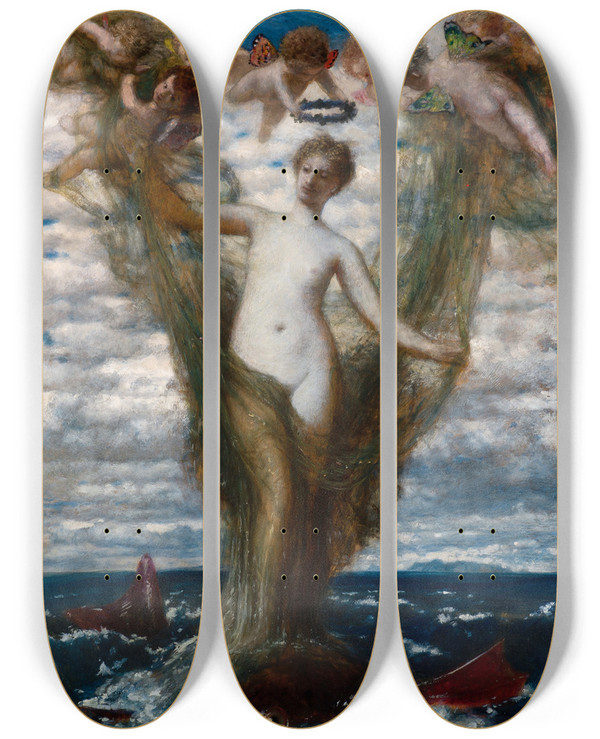 Triptych art skateboard deck of Arnold Bcklin Venus Anadyomene by Arnold Bocklin (1827-1901)