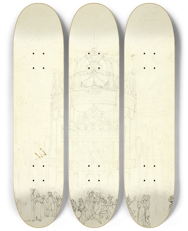 Triptych art skateboard deck of Augustus Charles Pugin Study For Vauxhall Garden by Augustus Charles Pugin (1762-1832)