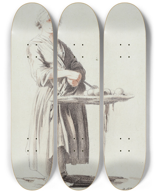 Triptych art skateboard deck of Edm Bouchardon La Marchande De Pommes_3 by Edme Bouchardon (1698-1762)