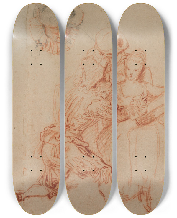 Triptych art skateboard deck of Jeanantoine Watteau Study For The Romancer Le Conteur by Jean-Antoine Watteau (1684-1721)