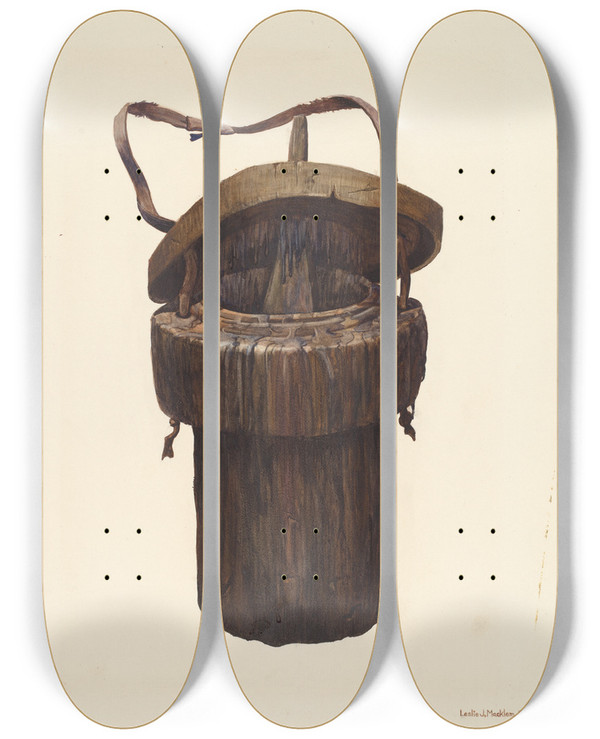 Triptych art skateboard deck of Leslie Macklem Bucket by Leslie Macklem