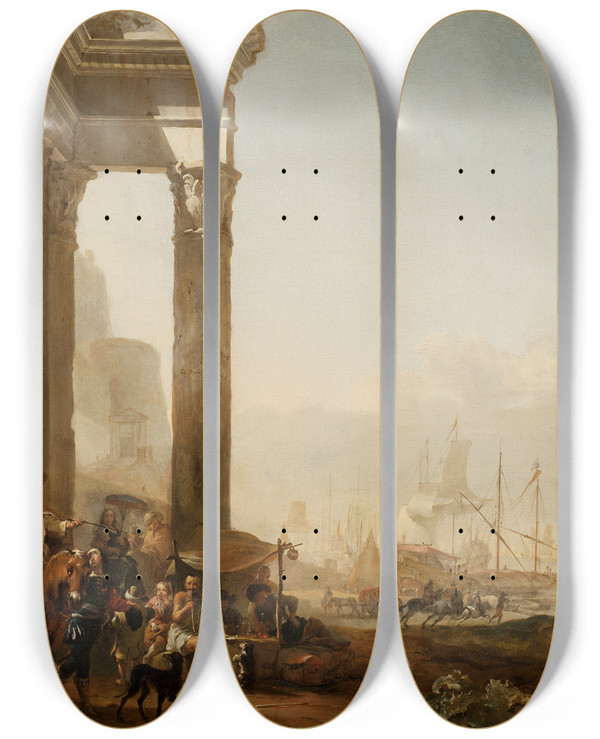 Triptych art skateboard deck of Jan Baptist Weenix Harbour With Antique Ruins by Jan Baptist Weenix (1621-1660)