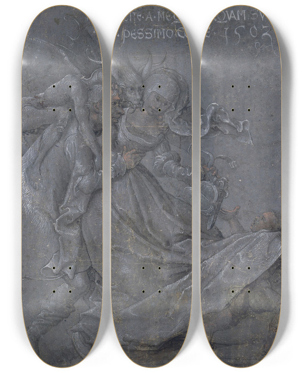 Triptych art skateboard deck of Bernhard Strigel Pair Of Lovers With The Devil And Cupid by Bernhard Strigel (1460-1528)