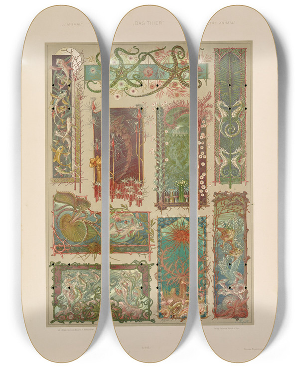 Triptych art skateboard deck of Anton Seder Das Thier In Der Decorativen Kunst Pl06 by Anton Seder (1850-1916)