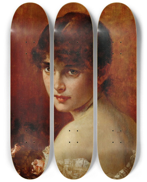 Triptych art skateboard deck of Conrad Kiesel A Coquettish Glance by Conrad Kiesel (1846-1921)