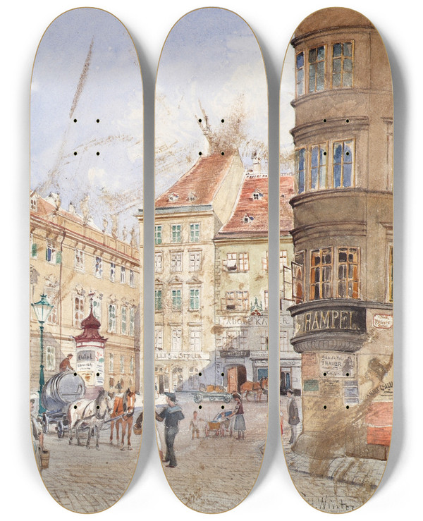 Triptych art skateboard deck of H Winter Der Judenplatz In Wien by H Winter