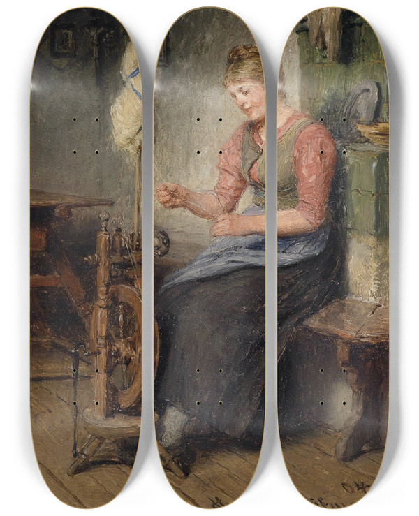 Triptych art skateboard deck of Hugo Kauffmann Mdel Am Spinnrad by Hugo Kauffmann (1844-1915)