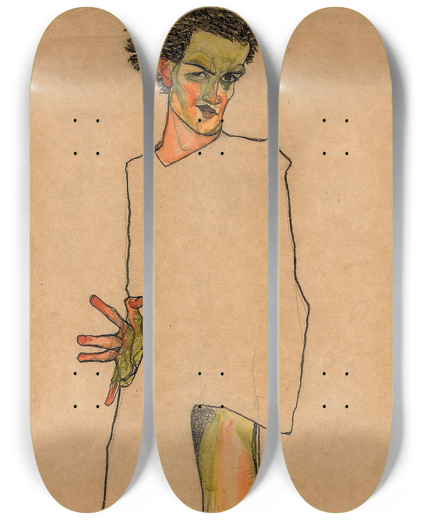 Triptych art skateboard deck of Egon Schiele Selbstbildnis_2 by Egon Schiele (1890-1918)