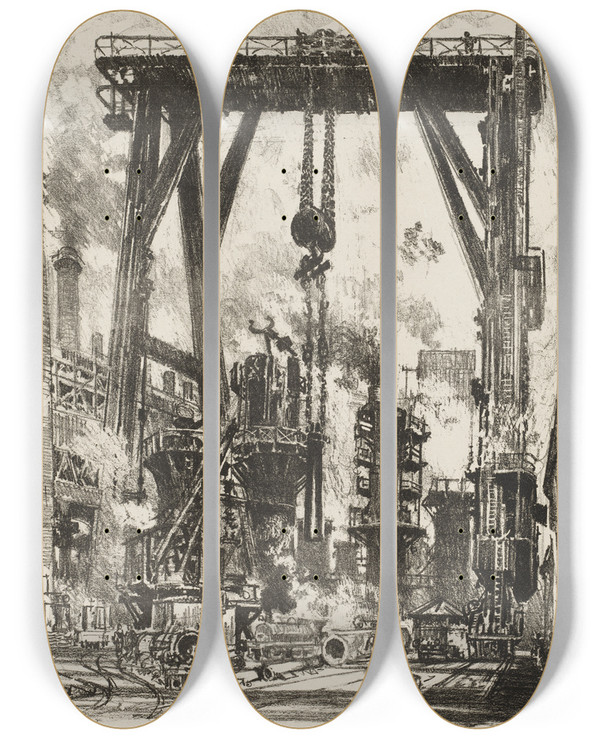 Triptych art skateboard deck of Joseph Pennell The Old Gun Pit by Joseph Pennell (1857-1926)