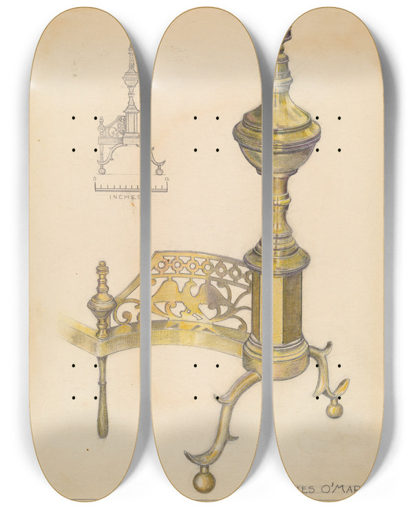 Triptych art skateboard deck of James Omara Andirons by James Omara
