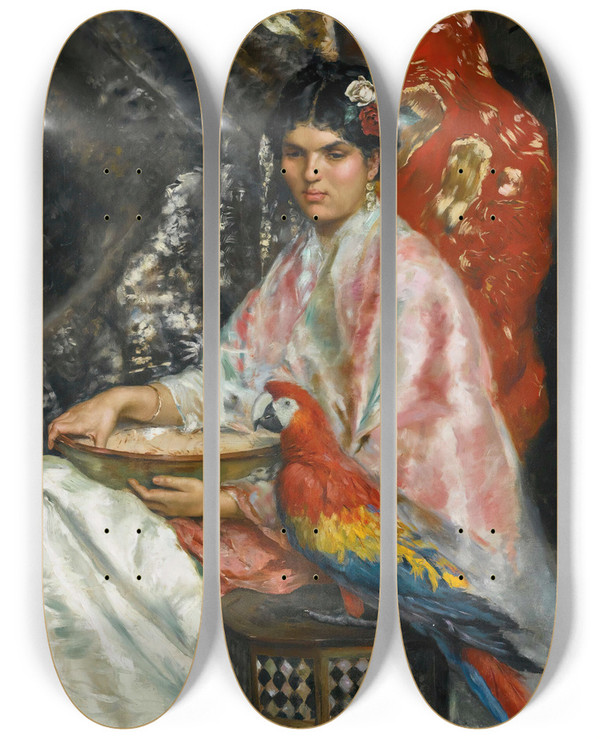 Triptych art skateboard deck of Julius Leblanc Stewart Lady With A Parrot by Julius Leblanc Stewart (1855-1919)