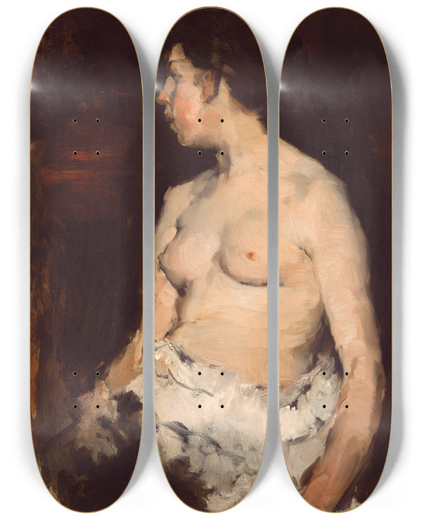 Triptych art skateboard deck of Frank Duveneck Seated Nude by Frank Duveneck (1848-1919)