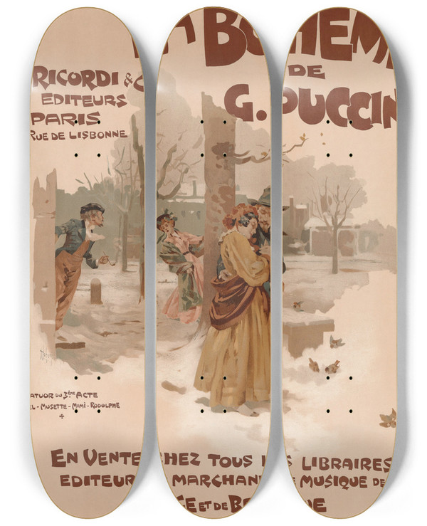 Triptych art skateboard deck of Adolfo Hohenstein La Bohme by Adolfo Hohenstein (1854-1928)