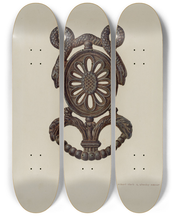 Triptych art skateboard deck of Robert Clark Trivet by Robert Clark