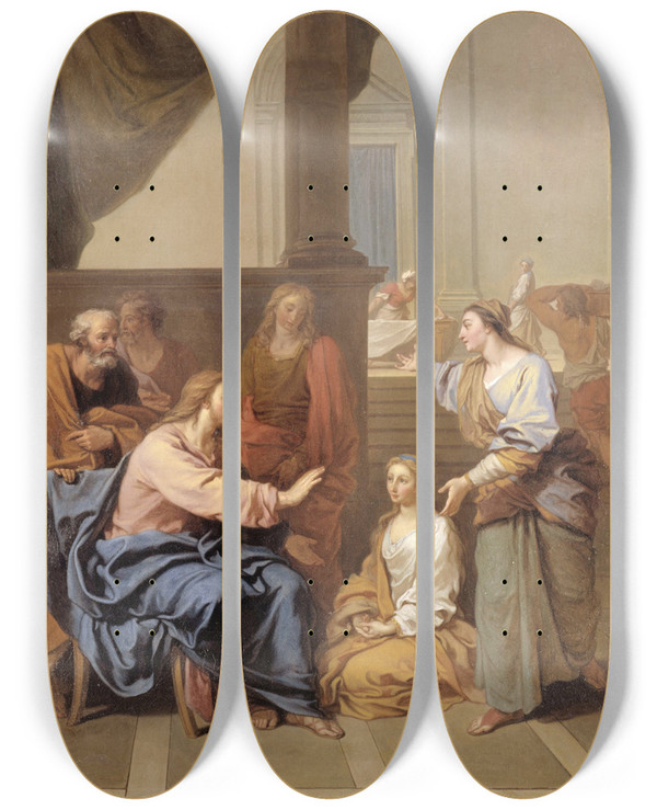 Triptych art skateboard deck of Claude Simpol Le Christ Chez Marthe Et Marie by Claude Simpol (1666-1716)