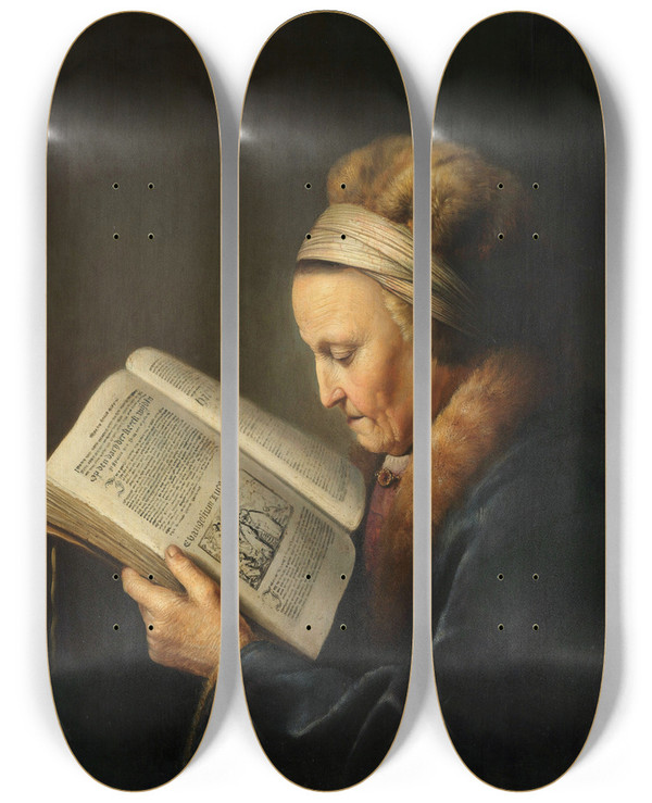 Triptych art skateboard deck of Gerrit Dou Old Woman Reading by Gerrit Dou (1613-1675)