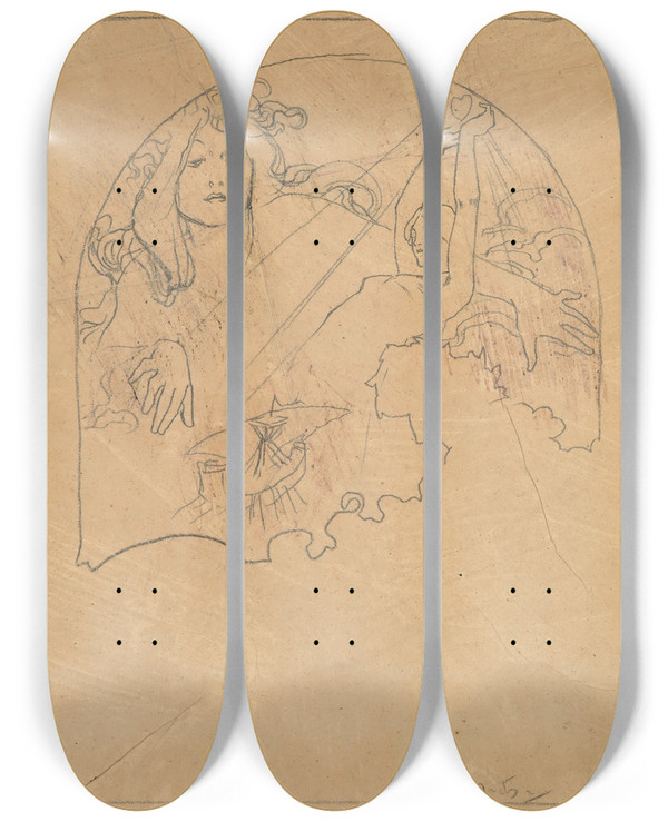 Triptych art skateboard deck of Alphonse Mucha Two Female Figures by Alphonse Mucha (1860-1939)