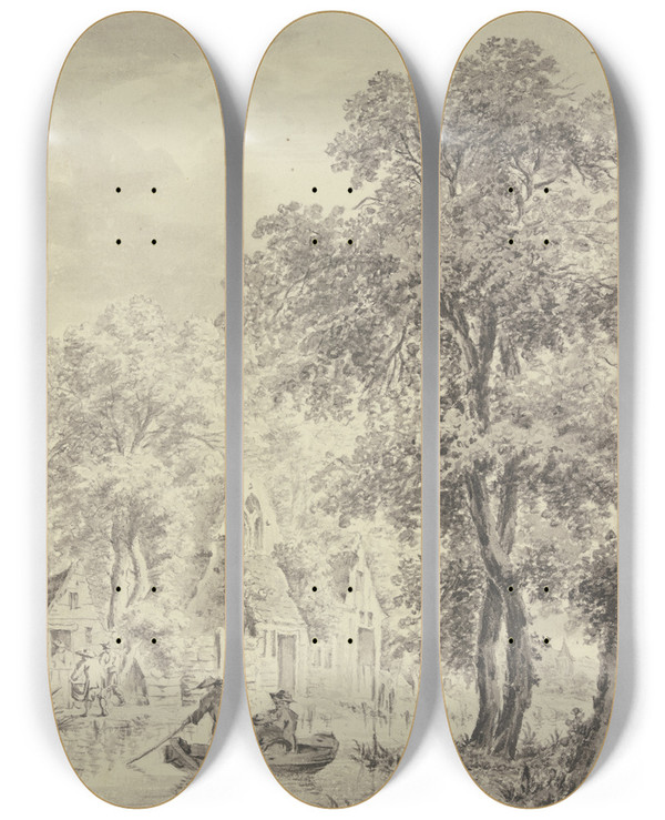 Triptych art skateboard deck of Paulus Van Liender Kanal Bei Husern Im Wald Vorne Ein Boot Mit Drei Mnnern by Paulus Van Liender (1731-1797)