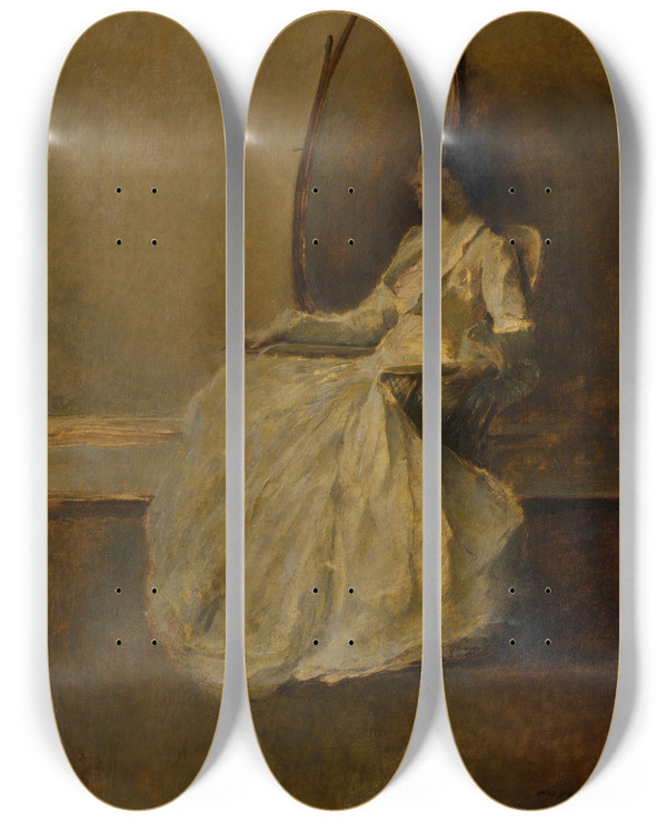 Triptych art skateboard deck of Thomas Wilmer Dewing Lady In White No 1 by Thomas Wilmer Dewing (1851-1938)