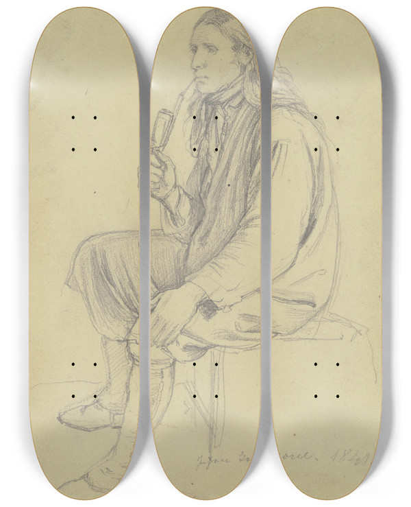 Triptych art skateboard deck of Jakob Becker Sitzender Pfeife Rauchender Bauer by Jakob Becker (1810-1872)