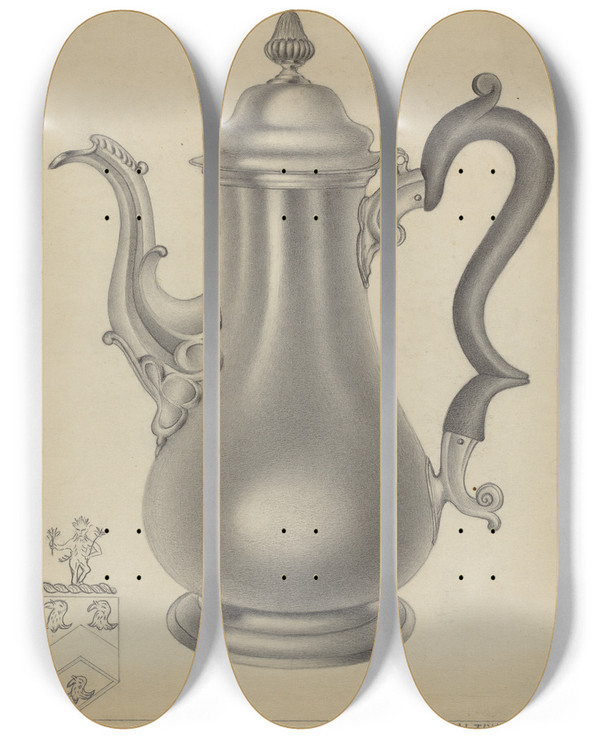 Triptych art skateboard deck of Aaron Fastovsky Silver Coffee Pot by Aaron Fastovsky