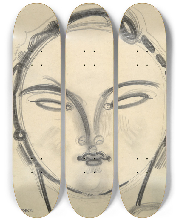 Triptych art skateboard deck of Gustaw Gwozdecki Head_3 by Gustaw Gwozdecki (1880-1935)
