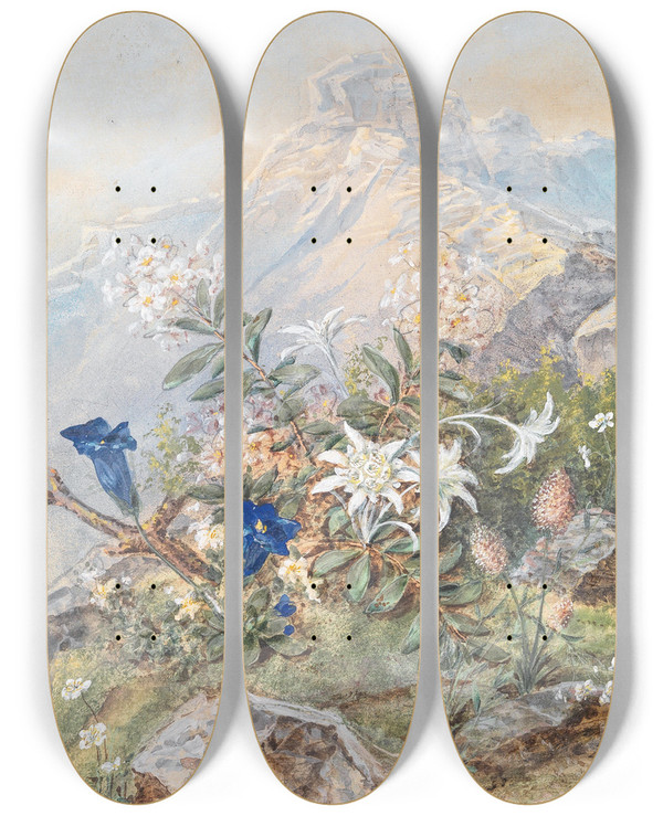 Triptych art skateboard deck of Anna Stainerknittel Enzian Und Edelweiss by Anna Stainer-Knittel (1841-1915)