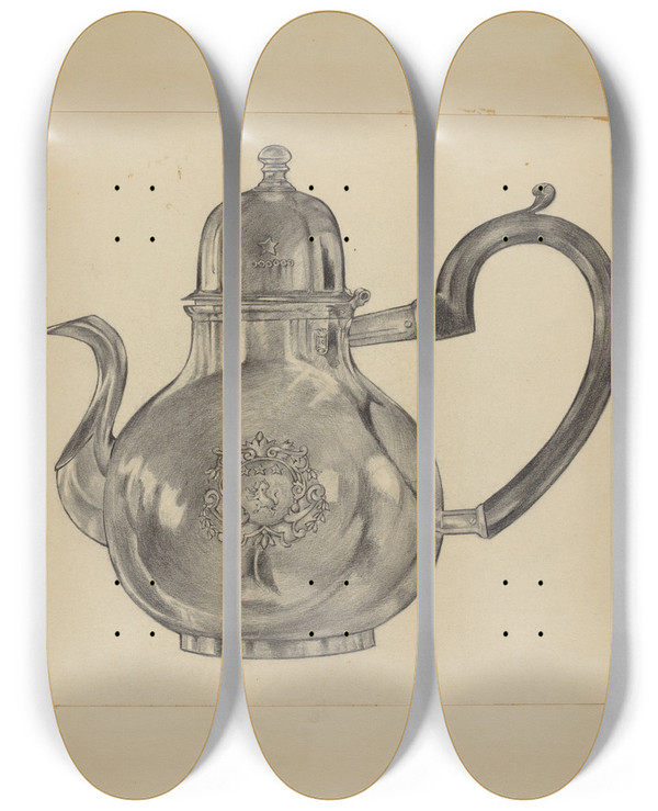 Triptych art skateboard deck of S Brodsky Silver Teapot by S Brodsky