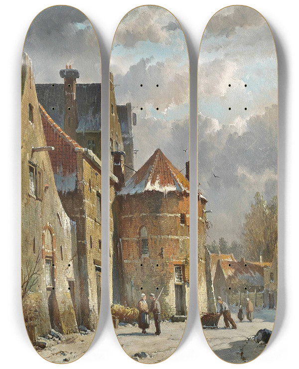Triptych art skateboard deck of Adrianus Eversen Figures On A Dutch Street Winter by Adrianus Eversen (1818-1897)