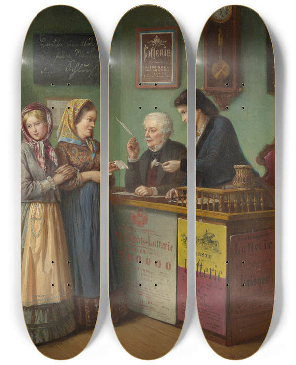 Triptych art skateboard deck of August Mansfeld Lottokollektur by August Mansfeld (1816-1901)