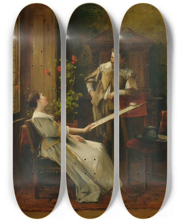 Triptych art skateboard deck of Mihly Munkcsy Flirt La Broderie by Mihaly Munkacsy (1844-1900)