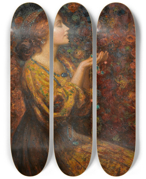Triptych art skateboard deck of Thomas Edwin Mostyn Jewels by Thomas Edwin Mostyn (1864-1930)