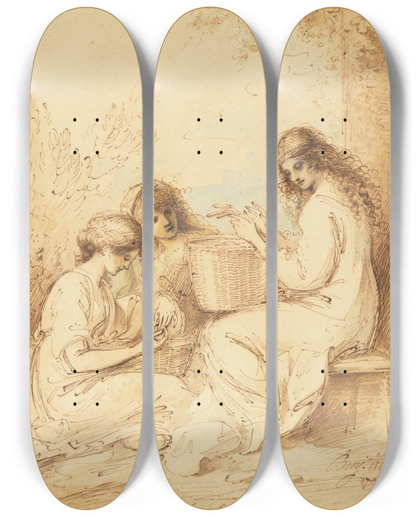 Triptych art skateboard deck of Benjamin West The Three Sisters by Benjamin West (1738-1820)