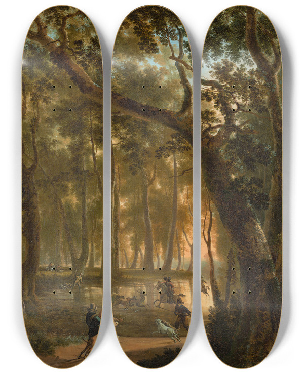 Triptych art skateboard deck of Jan Hackaert Deer Hunt In A Forest by Jan Hackaert (1629-1700)