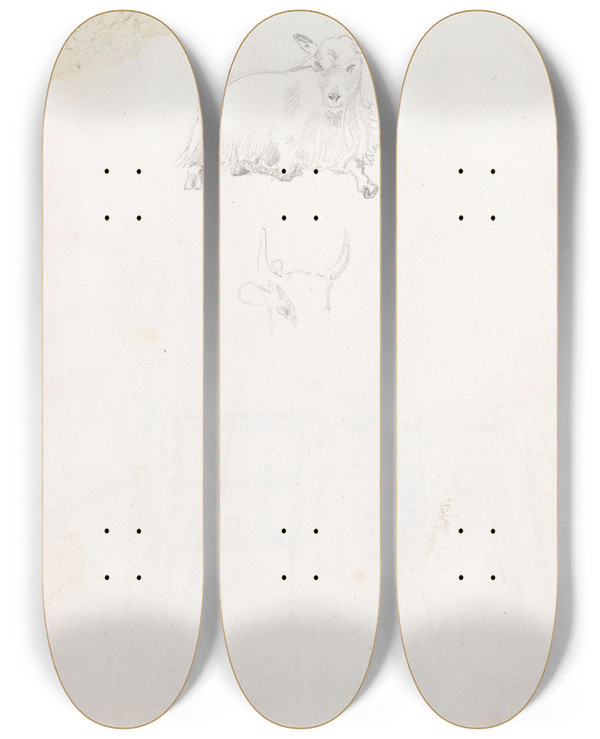 Triptych art skateboard deck of Adolph Tidemand Dyrestudier by Adolph Tidemand (1814-1876)