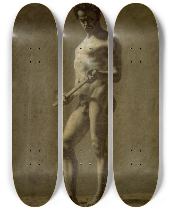 Triptych art skateboard deck of Eugne Delacroix Standing Academic Male Nude by Eugene Delacroix (1798-1863)
