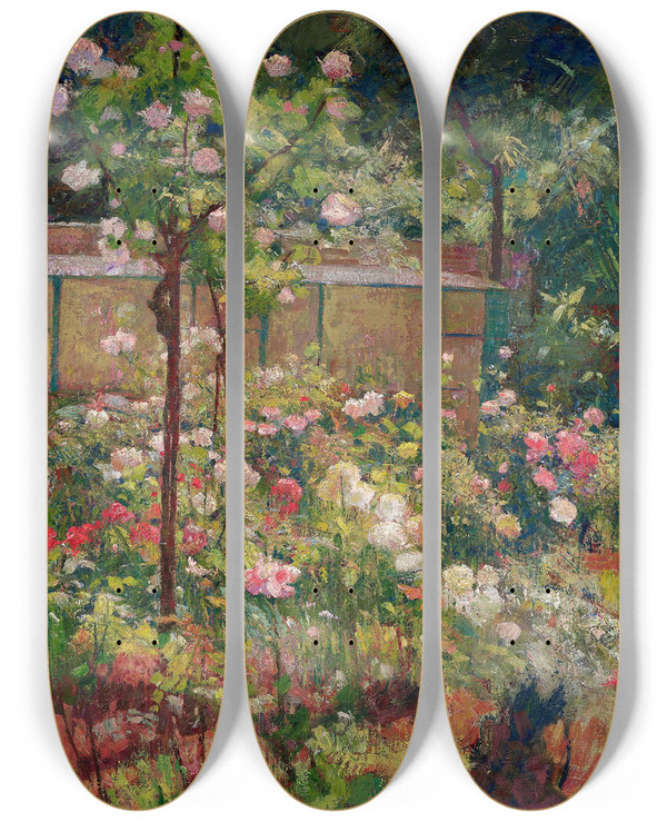 Triptych art skateboard deck of Robert William Vonnoh Jardin En Fleurs by Robert William Vonnoh (1858-1933)