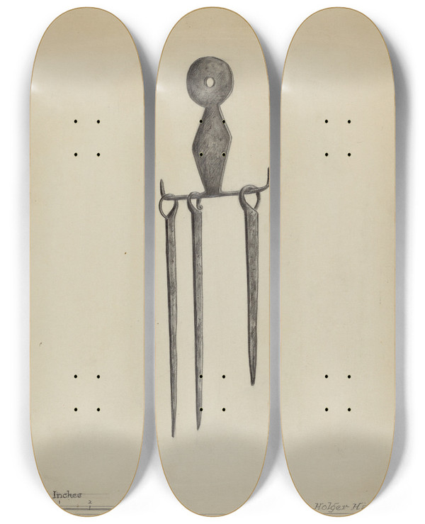 Triptych art skateboard deck of Holger Hansen Skewers And Holder by Holger Hansen