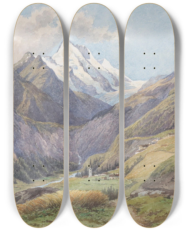 Triptych art skateboard deck of Carl Lafite Das Mlltal Mit Dem Groglockner by Carl Lafite (1830-1900)