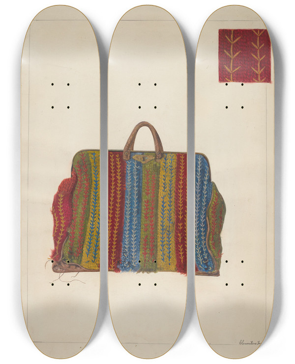 Triptych art skateboard deck of Clementine Fossek Carpet Bag by Clementine Fossek